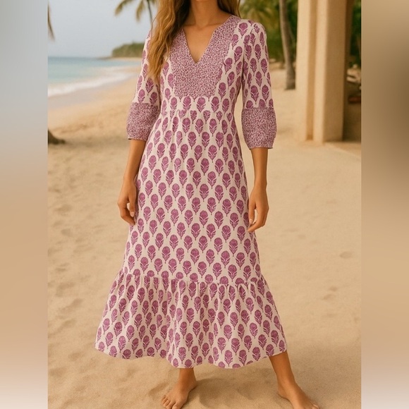 Pink City Prints Dresses & Skirts - Pink City Prints Hand Block Print Cotton Maxi Dress Magenta Floral Boho Small
